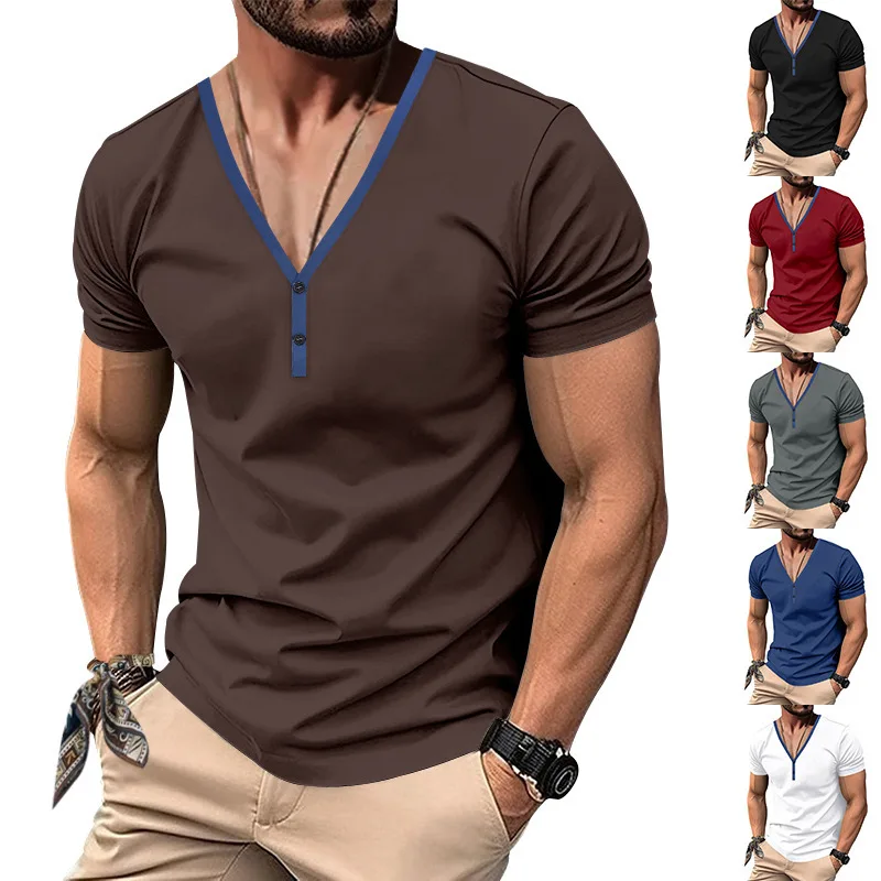 2025 Fashion Spring and Summer Men's T-shirt Casual V-neck Contrast Color Henley Shirt Slim T-shirt Short Sleeve Top for Men
2025 Fashion Spring and Summer Men's T-shirt Casual V-neck Contrast Color Henley Shirt Slim T-shirt Short Sleeve Top for Men