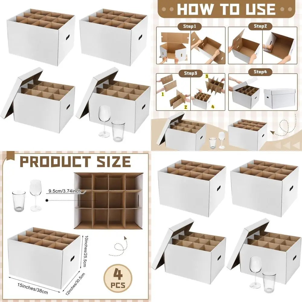 Set of 4 White Moving Boxes for Wine Glasses and Kitchenware with Lids and Handles, 15x12x10 Inches
Set of 4 White Moving Boxes for Wine Glasses and Kitchenware with Lids and Handles, 15x12x10 Inches