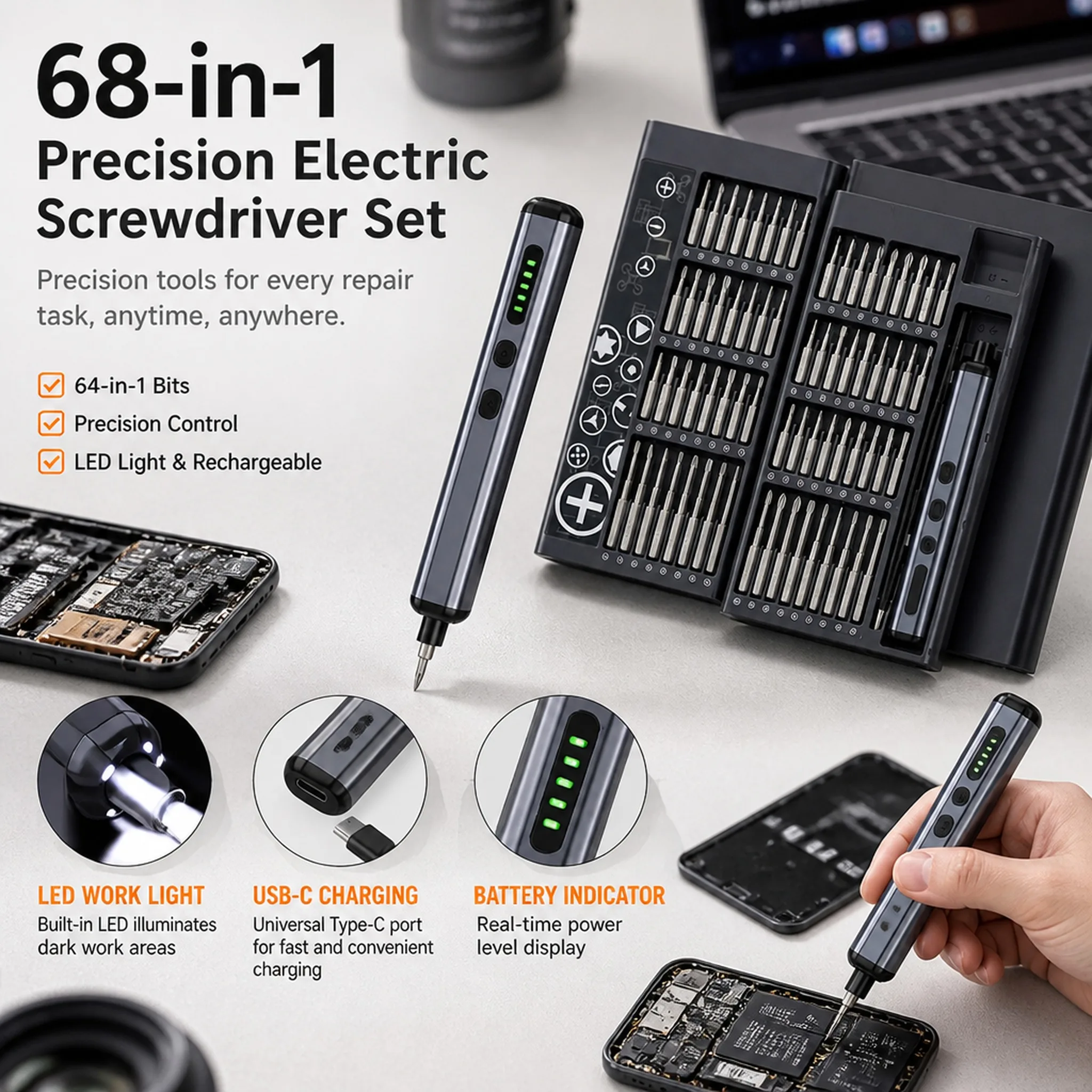 68 in 1 Precision Electric Screwdriver Set, Rechargeable, Magnetic Bits for iPhone PC Watch Camera Repair
68 in 1 Precision Electric Screwdriver Set, Rechargeable, Magnetic Bits for iPhone PC Watch Camera Repair
