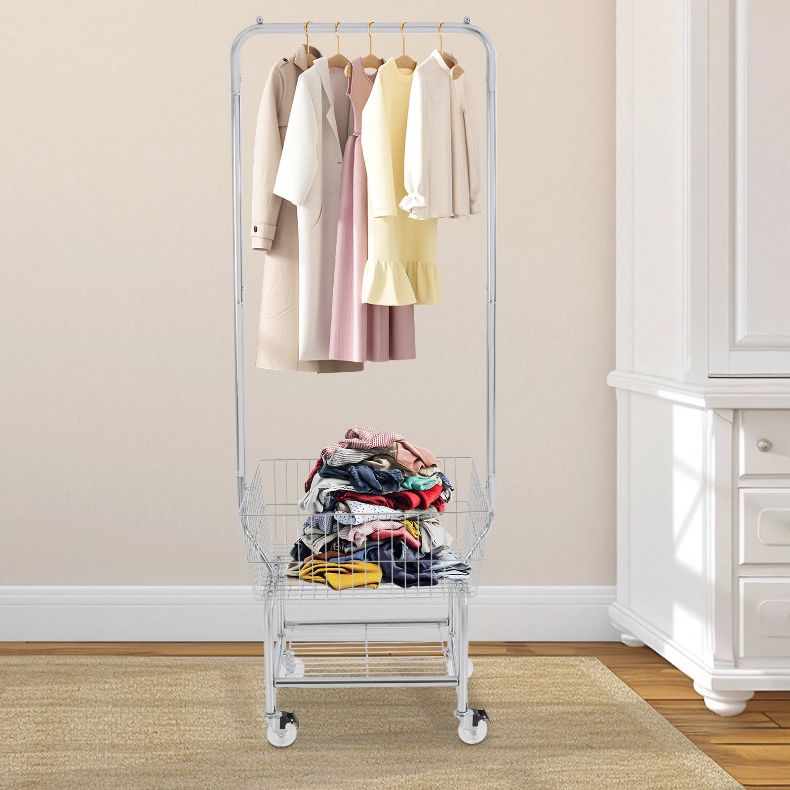 Silver Carbon Steel 50x40x180cm Laundry Cart with Basket and Shoe Rack 3 Inch Crystal Wheel Mobile Storage Rack
Silver Carbon Steel 50x40x180cm Laundry Cart with Basket and Shoe Rack 3 Inch Crystal Wheel Mobile Storage Rack