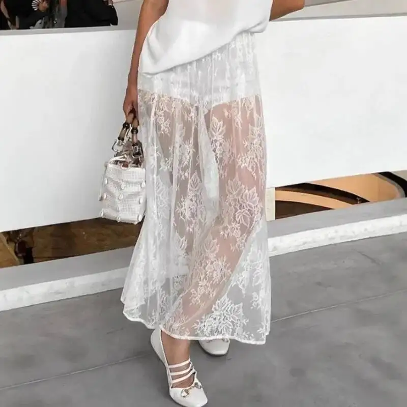 Lace See-Through Women's White Floral High Waist Patchwork Lady Summer Sexy Party Elegant A-Line Long Skirt
Lace See-Through Women's White Floral High Waist Patchwork Lady Summer Sexy Party Elegant A-Line Long Skirt