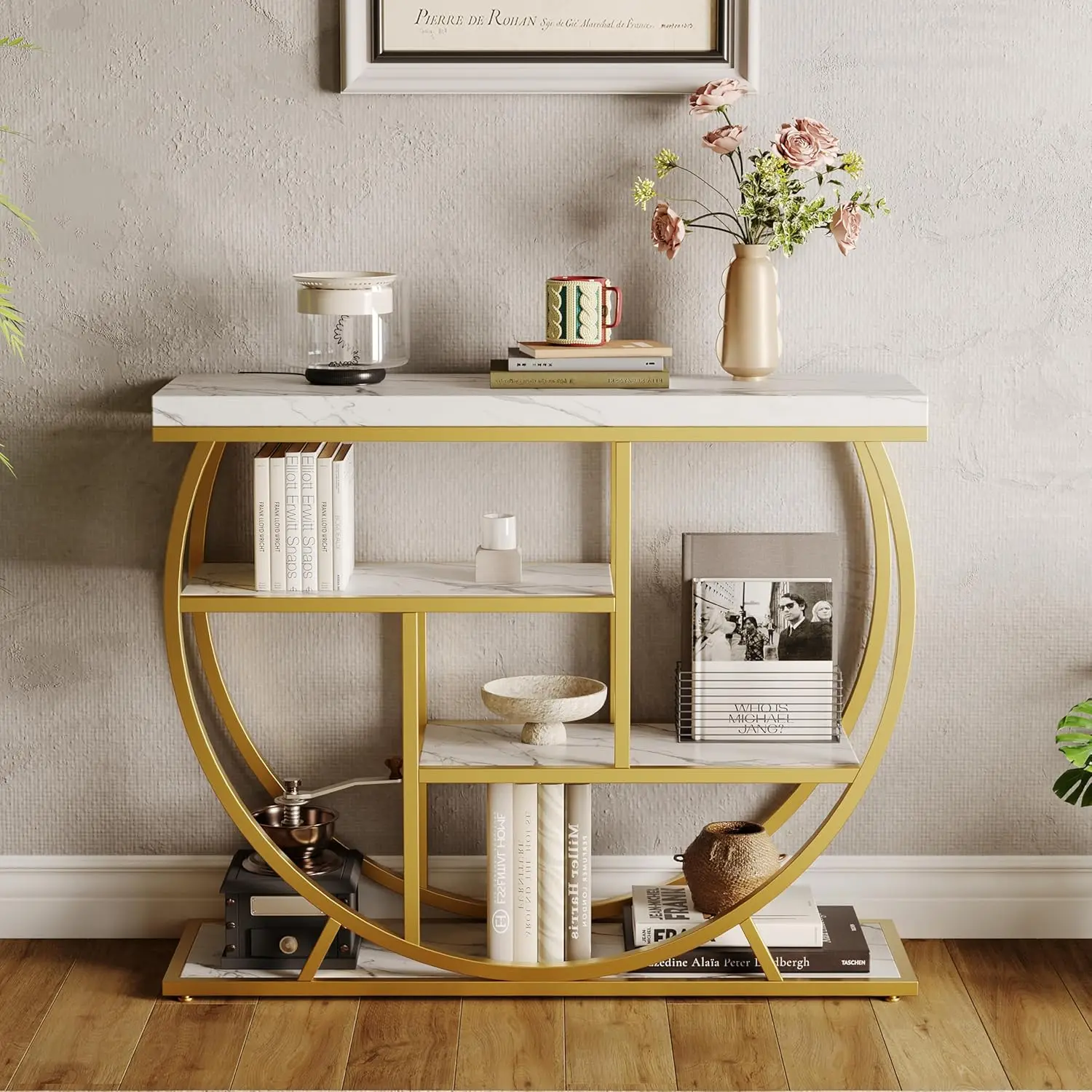 Entryway Table with Storage,Industrial 4-Tier Narrow Console Table with Half-Circle Base & Storage Shelves for Living Room,Foyer
Entryway Table with Storage,Industrial 4-Tier Narrow Console Table with Half-Circle Base & Storage Shelves for Living Room,Foyer