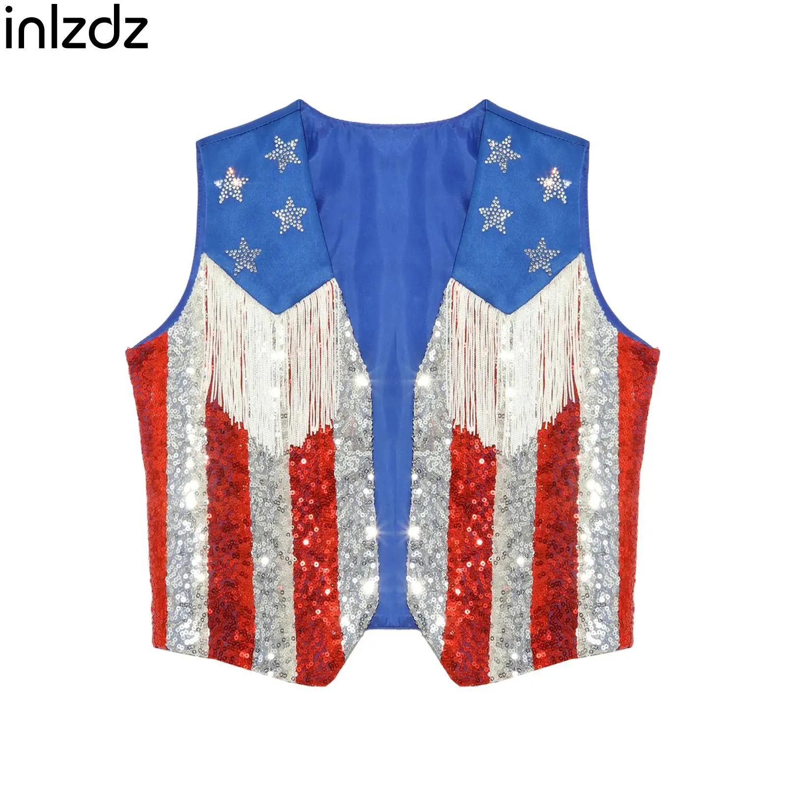 Girls Independence Day Themed Party Dance Vest Unisex Rhinestone Stars Sequined Stripes Tassel Waistcoat Open Front Tank Top
Girls Independence Day Themed Party Dance Vest Unisex Rhinestone Stars Sequined Stripes Tassel Waistcoat Open Front Tank Top