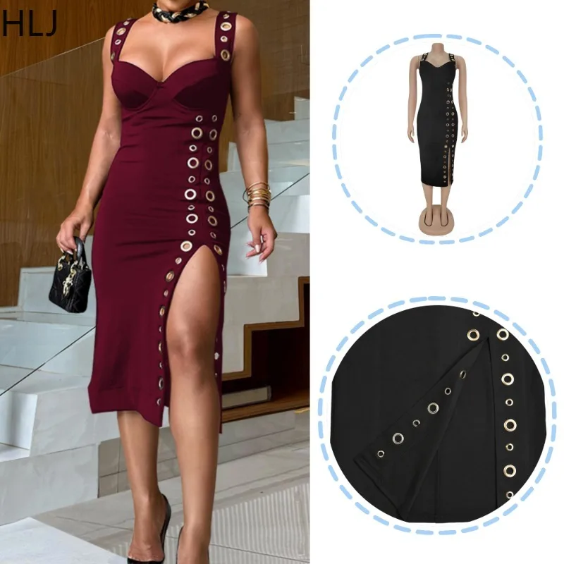 HLJ Elegant O-Rings Metal Embellished Patchwork Bodycon Dresses Women Spaghetti Strap High Slit Dress Female Clubwear Vestidos
HLJ Elegant O-Rings Metal Embellished Patchwork Bodycon Dresses Women Spaghetti Strap High Slit Dress Female Clubwear Vestidos