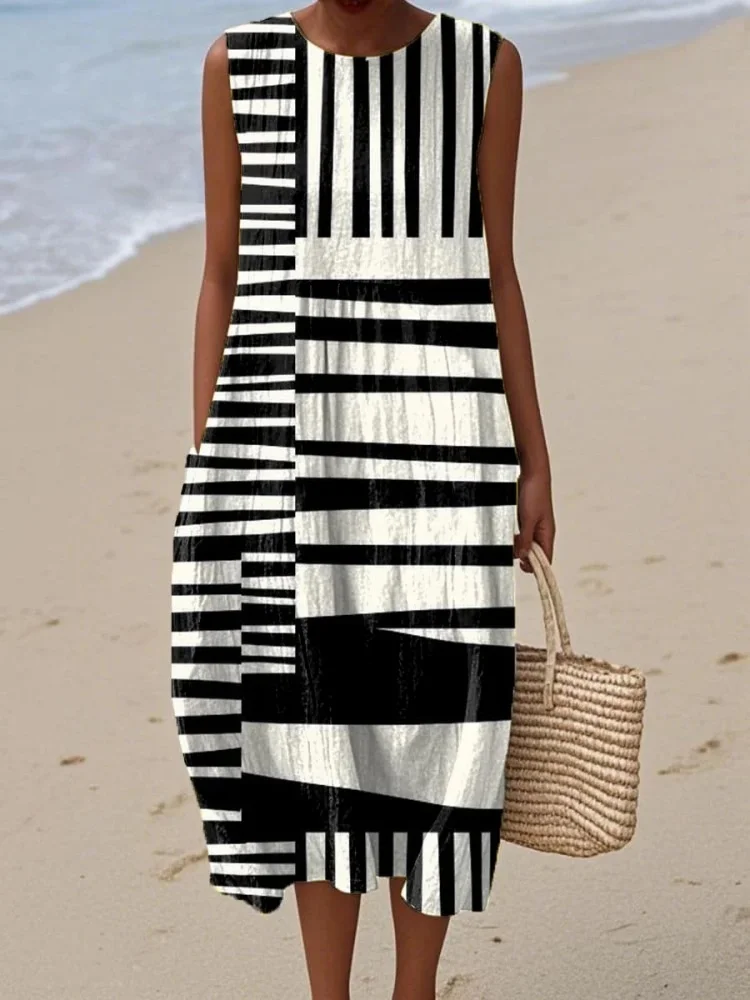 Women Plus Size Midi Robe Holiday Sexy Sleeveless Black & White Striped Printed Vest Dresses Fashion New Pockets O-neck Vestido
Women Plus Size Midi Robe Holiday Sexy Sleeveless Black & White Striped Printed Vest Dresses Fashion New Pockets O-neck Vestido
