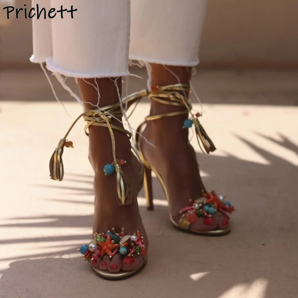 Starfish Shells Coral Gold Sandals Ankle Band String Bead Round Toe Slingback Straight Strap Shoes Women's Summer Elegant Shoes 
Starfish Shells Coral Gold Sandals Ankle Band String Bead Round Toe Slingback Straight Strap Shoes Women's Summer Elegant Shoes