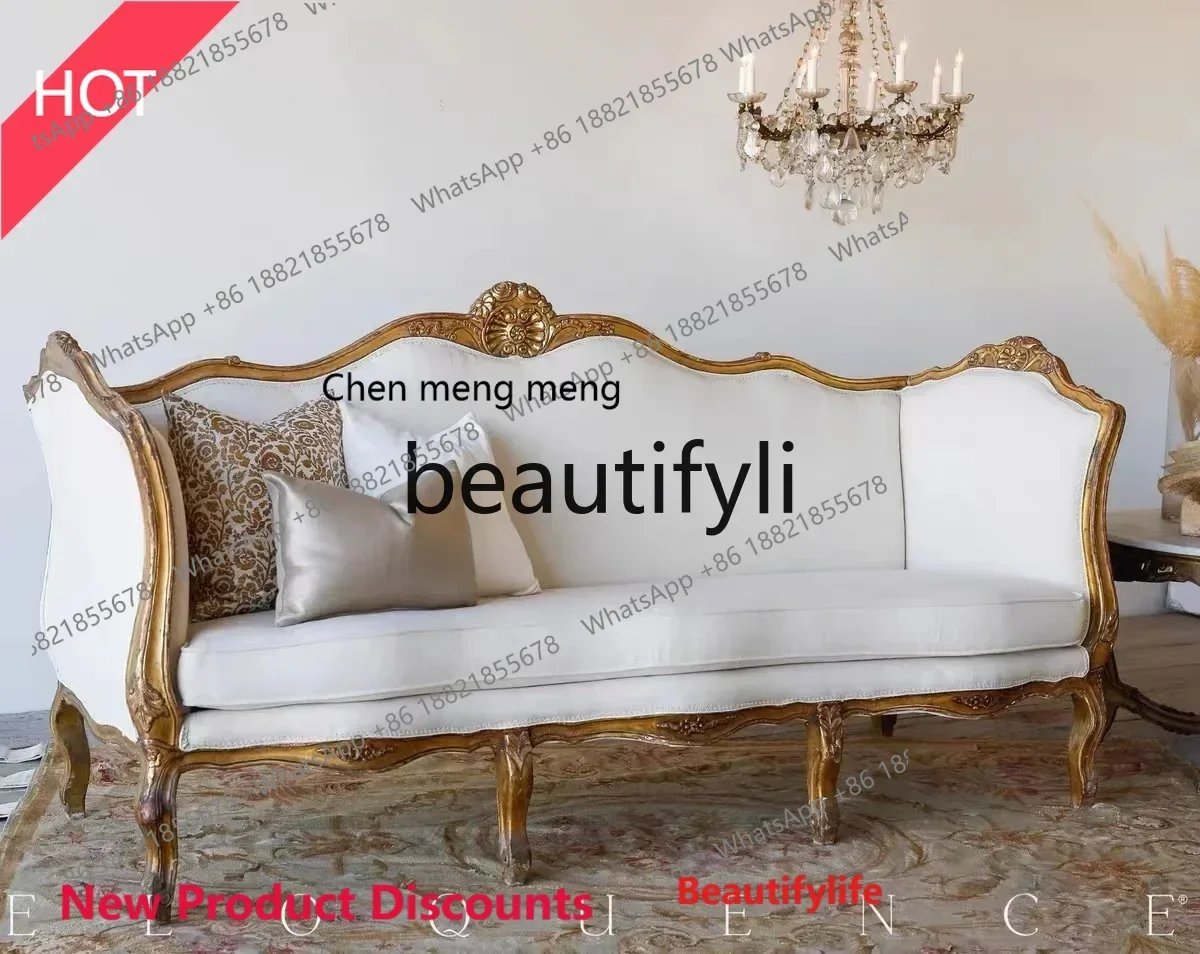 A32 French solid wood retro carved sofa gold old soft bag three-person fabric sofa chair
A32 French solid wood retro carved sofa gold old soft bag three-person fabric sofa chair
