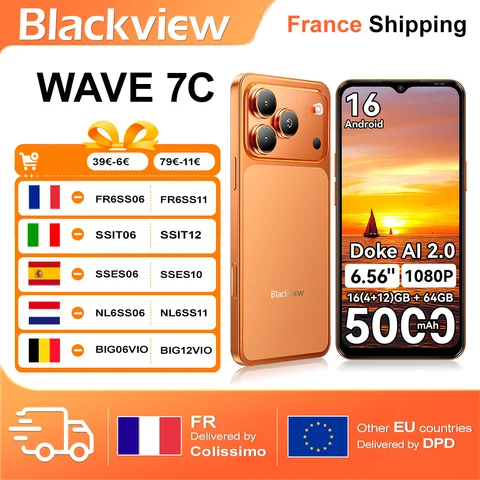 Blackview WAVE 7C Smartphone 16(4+12)GB+64GB 6.56-inch HD+5000mAh Android 16 Doke AI 2.0 1080P Video (Free TPU Protective Case)