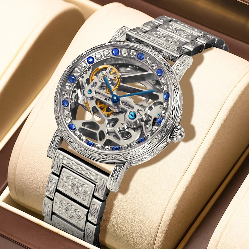 Мужские серебряные стальные ремешки, винтажные модные двухсторонние каркасные автоматические механические часы с пентаграммой 
Мужские серебряные стальные ремешки, винтажные модные двухсторонние каркасные автоматические механические часы с пентаграммой