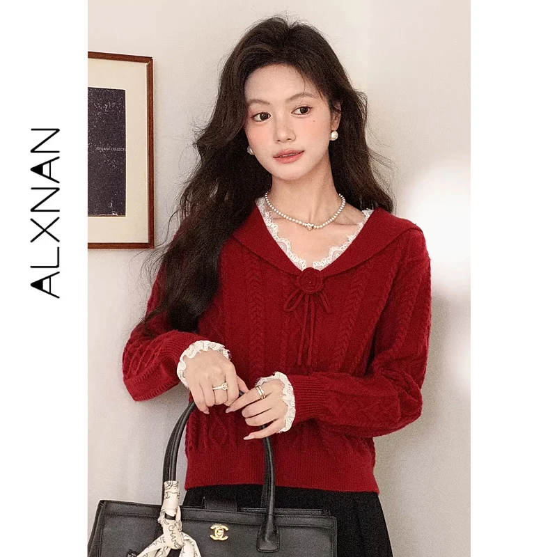 ALXNAN Women Cable Knit Sweater Sweet Vintage Navy Collar Flower Tie Fall Winter Daily Loose-fit Long Sleeve Knit Top L59929
ALXNAN Women Cable Knit Sweater Sweet Vintage Navy Collar Flower Tie Fall Winter Daily Loose-fit Long Sleeve Knit Top L59929