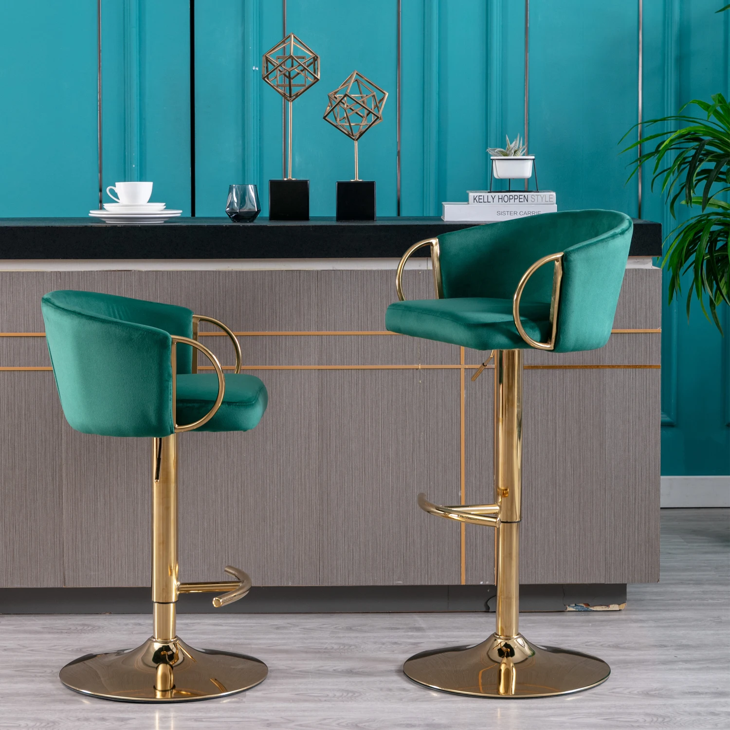 Bar Stools Set with Chrome Footrest Swivel Height Adjustable Velvet Golden Leg Green
Bar Stools Set with Chrome Footrest Swivel Height Adjustable Velvet Golden Leg Green