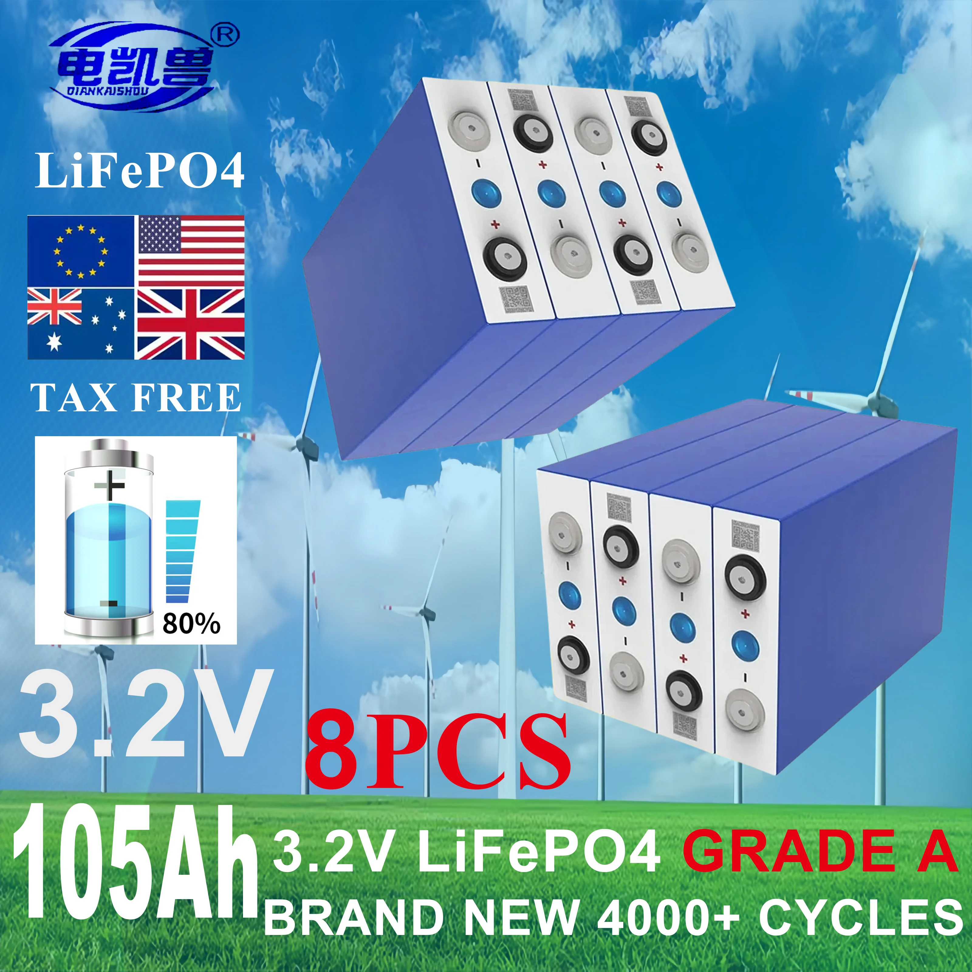New 8pcs Grade A 105ah 3.2V Lifepo4 Rechargeable Battery 4000 Cycles DIY 12V 24V 48V RV, yacht, golf cart solar energy battery
New 8pcs Grade A 105ah 3.2V Lifepo4 Rechargeable Battery 4000 Cycles DIY 12V 24V 48V RV, yacht, golf cart solar energy battery