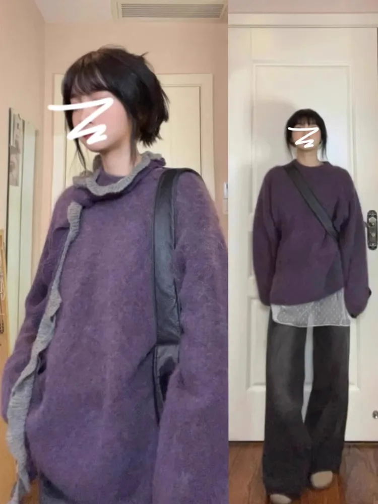 Retro Lazy Sle Women's Thiened Loose Knitted Sweater round Ne Pullover Purple Color Autumn Winter New Arrival Top
Retro Lazy Sle Women's Thiened Loose Knitted Sweater round Ne Pullover Purple Color Autumn Winter New Arrival Top