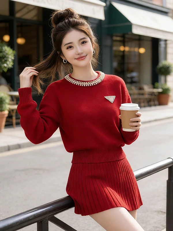 Red Knitted Sweater And High Waist Skirt Two Piece Set Women's Loose Casual Faion Autumn Winter Spring Seasonal Wear
Red Knitted Sweater And High Waist Skirt Two Piece Set Women's Loose Casual Faion Autumn Winter Spring Seasonal Wear