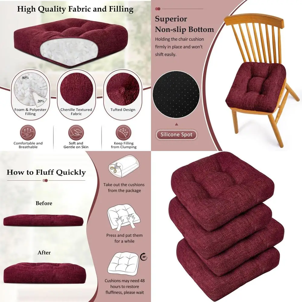 Set of 4 Burgundy Tufted Dining Chair Cushions with Non-Slip Base, 17x17x4 inches
Set of 4 Burgundy Tufted Dining Chair Cushions with Non-Slip Base, 17x17x4 inches