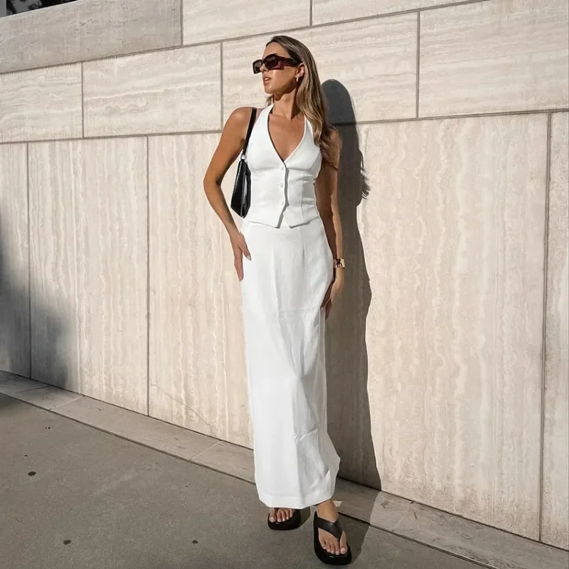 V-neck Halter Backless Long Skirt Set 2-piece Women's Summer White Sleeveless Vest Skirt Lace-up Slit Long Skirt Set
V-neck Halter Backless Long Skirt Set 2-piece Women's Summer White Sleeveless Vest Skirt Lace-up Slit Long Skirt Set