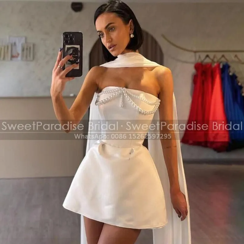 Short Prom Dresses With Beaded Strapless Scarf Mini Puffy A Line Customized Satin Evening Dresse Party For Women
Short Prom Dresses With Beaded Strapless Scarf Mini Puffy A Line Customized Satin Evening Dresse Party For Women