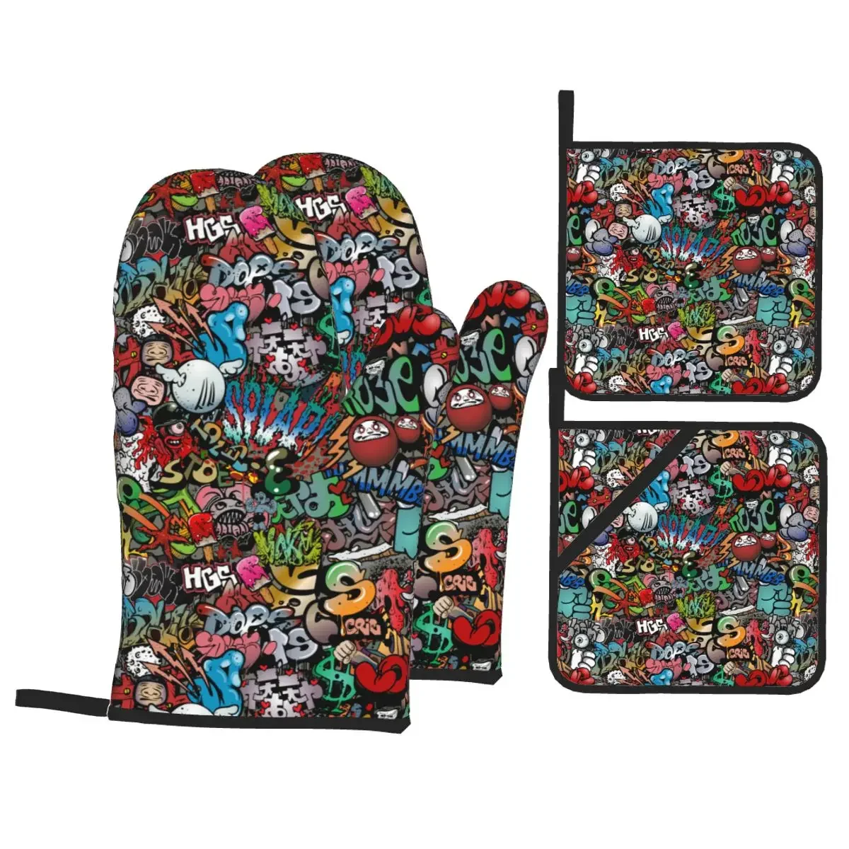 70s Retro Comic Graffiti Print Oven Mitts and Pot Holders 4pcs Sets Heat Resistant Kitchen Gloves Potholders for Baking Grilling
70s Retro Comic Graffiti Print Oven Mitts and Pot Holders 4pcs Sets Heat Resistant Kitchen Gloves Potholders for Baking Grilling