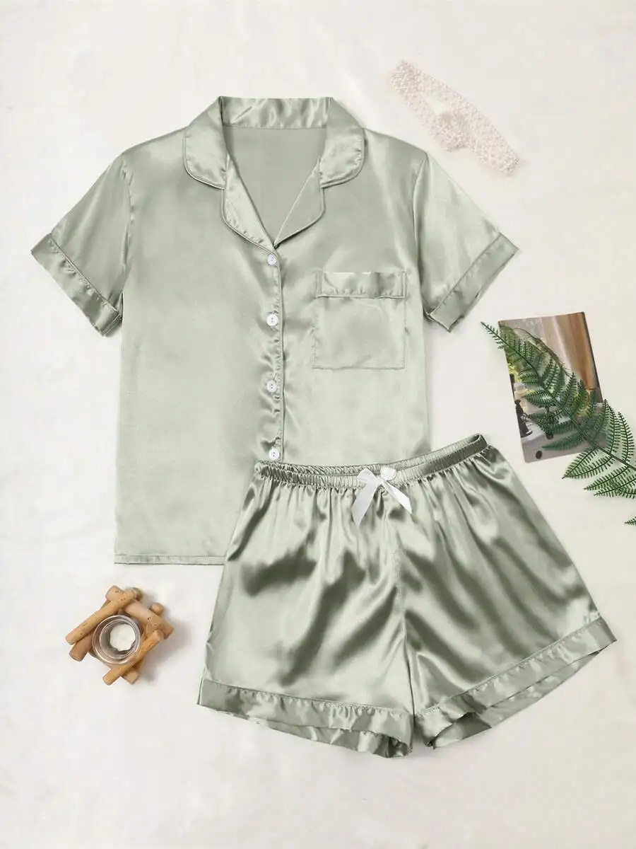 Women Summer Elegant Solid Color Satin Short Sleeve Pajama Set With Button Collar Top And Shorts
Women Summer Elegant Solid Color Satin Short Sleeve Pajama Set With Button Collar Top And Shorts