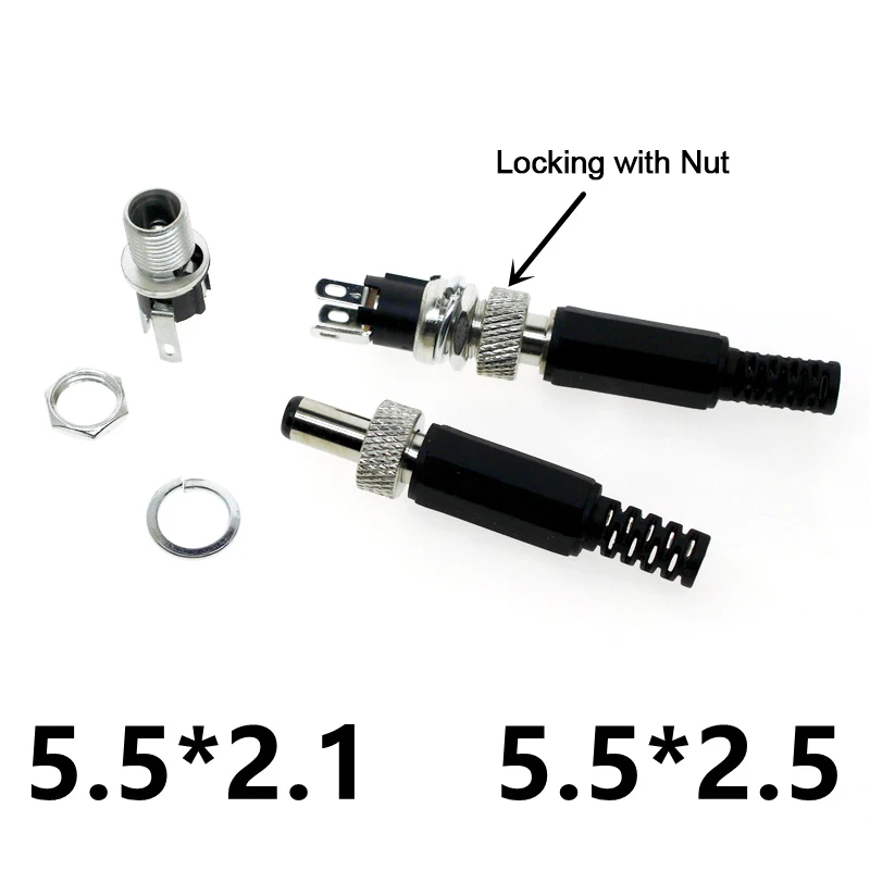 Lockable 5.5x2.1/5.5x2.5 mm DC Male Power Plug Female socket with Screw Nut Locking Connector
Lockable 5.5x2.1/5.5x2.5 mm DC Male Power Plug Female socket with Screw Nut Locking Connector