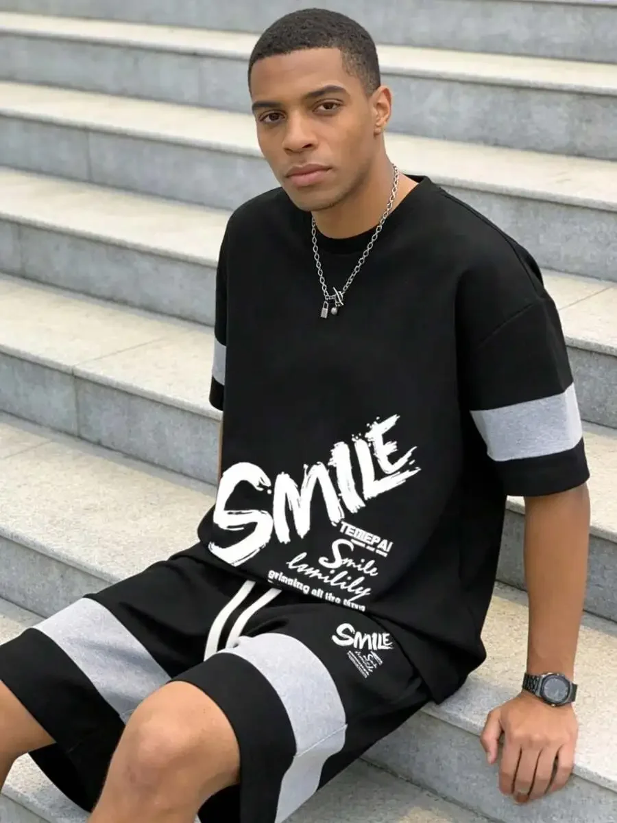 Mens Loose Fit Summer Two-Piece Set: Graphic Print Short Sleeve Tee And Striped Athletic Shorts
Mens Loose Fit Summer Two-Piece Set: Graphic Print Short Sleeve Tee And Striped Athletic Shorts
