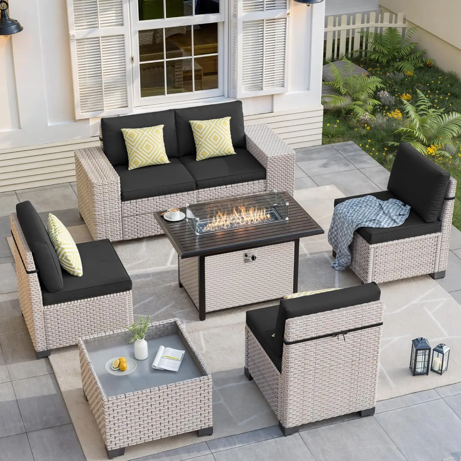 7-Piece Outdoor Patio Furniture Set with Fire Pit, Modular Sectional Sofa Set with Glass Coffee Table and Cushions,,Custom
7-Piece Outdoor Patio Furniture Set with Fire Pit, Modular Sectional Sofa Set with Glass Coffee Table and Cushions,,Custom