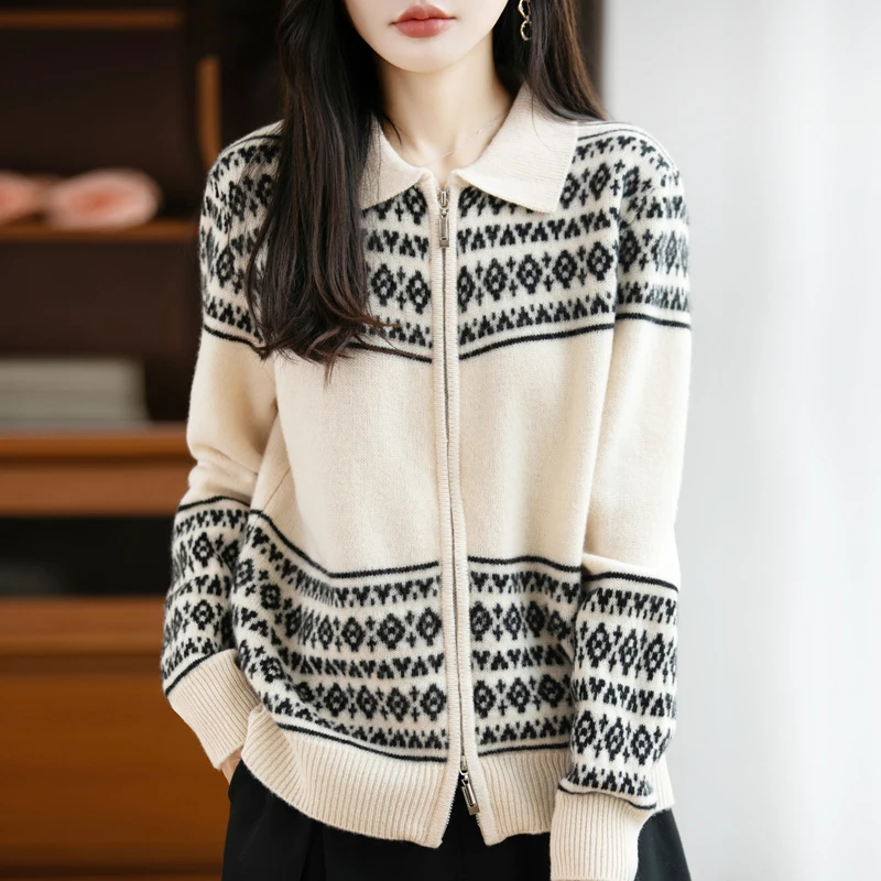 Fashion Lapel Cardigan 100% Merino Wool Zipper Sweater Cardigan Women's Clothes Fashion Jacquard Spring and Autumn Coat
Fashion Lapel Cardigan 100% Merino Wool Zipper Sweater Cardigan Women's Clothes Fashion Jacquard Spring and Autumn Coat