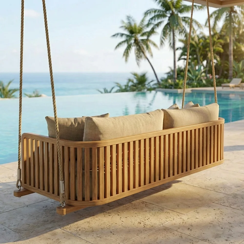 Luxury Outdoor Solid Teak Hanging Chair Day Bed Modern Porch Swing Sofa for Hotel Villa Poolside
Luxury Outdoor Solid Teak Hanging Chair Day Bed Modern Porch Swing Sofa for Hotel Villa Poolside