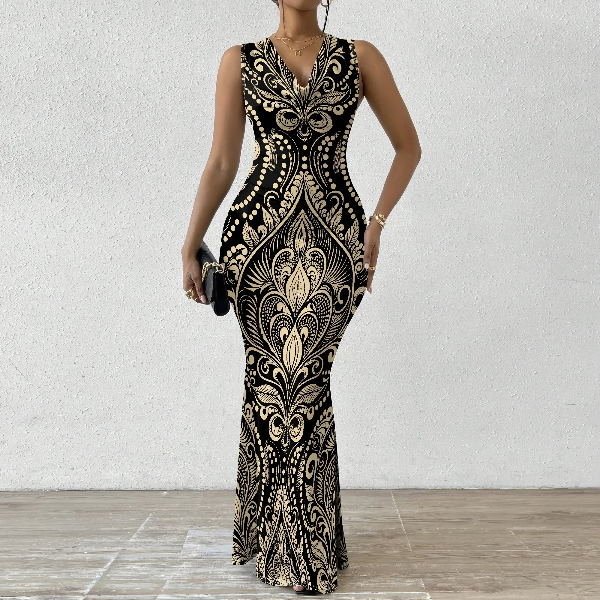 Black & Gold Baroque Print Bodycon Maxi Dress XS-2XL - Elegant Evening Wear, Formal Events & Cocktail Parties
Black & Gold Baroque Print Bodycon Maxi Dress XS-2XL - Elegant Evening Wear, Formal Events & Cocktail Parties