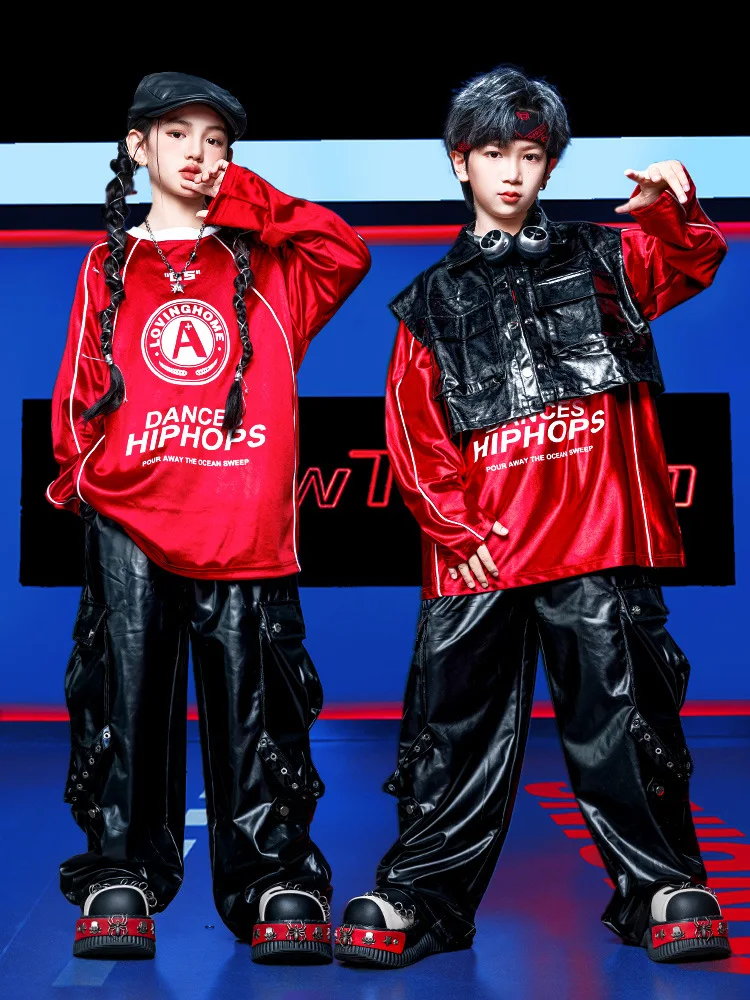 Kid Kpop Hip Hop Clothing Red Sweatshirt Black Faux Leather Crop Vest Top Strap Cargo Pants for Girl Boy Dance Costumes Clothes
Kid Kpop Hip Hop Clothing Red Sweatshirt Black Faux Leather Crop Vest Top Strap Cargo Pants for Girl Boy Dance Costumes Clothes
