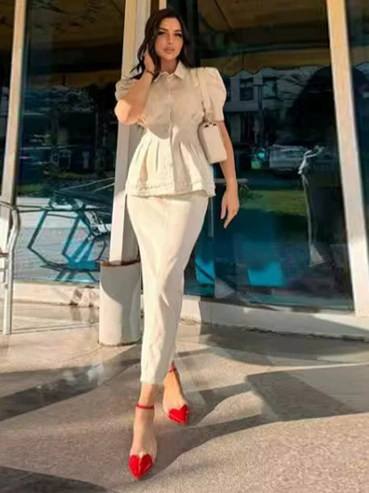 Chic Women Lapel Ruff Sleeves Denim Shirts Baggy Long Jeans Dress Sets Cinching Waist Slim Suits Fashion Elegant Office Work Fit
Chic Women Lapel Ruff Sleeves Denim Shirts Baggy Long Jeans Dress Sets Cinching Waist Slim Suits Fashion Elegant Office Work Fit
