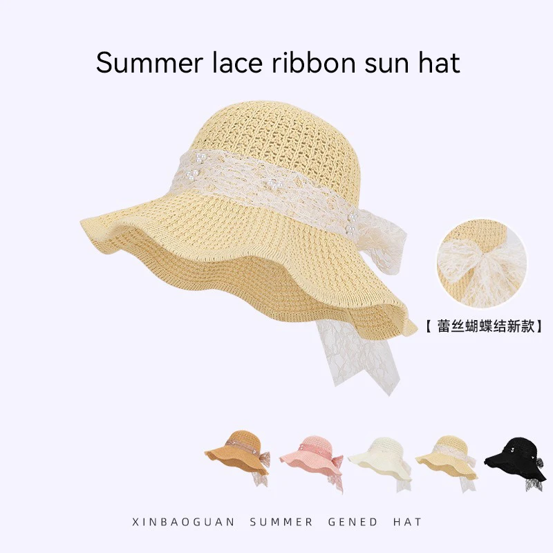 Summer seaside beach vacation sun-protective hat with lace bow and butterfly knot, large brim, sun protection hat
Summer seaside beach vacation sun-protective hat with lace bow and butterfly knot, large brim, sun protection hat