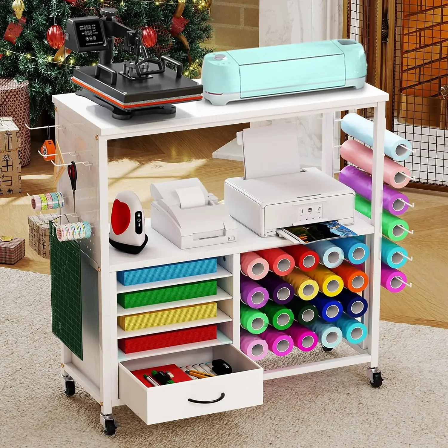 Тележка для хранения инструментов, совместимая с режущими машинами Cricut, с держателем для рулонов винила и ящиками, мобильный стол для хранения
Тележка для хранения инструментов, совместимая с режущими машинами Cricut, с держателем для рулонов винила и ящиками, мобильный стол для хранения