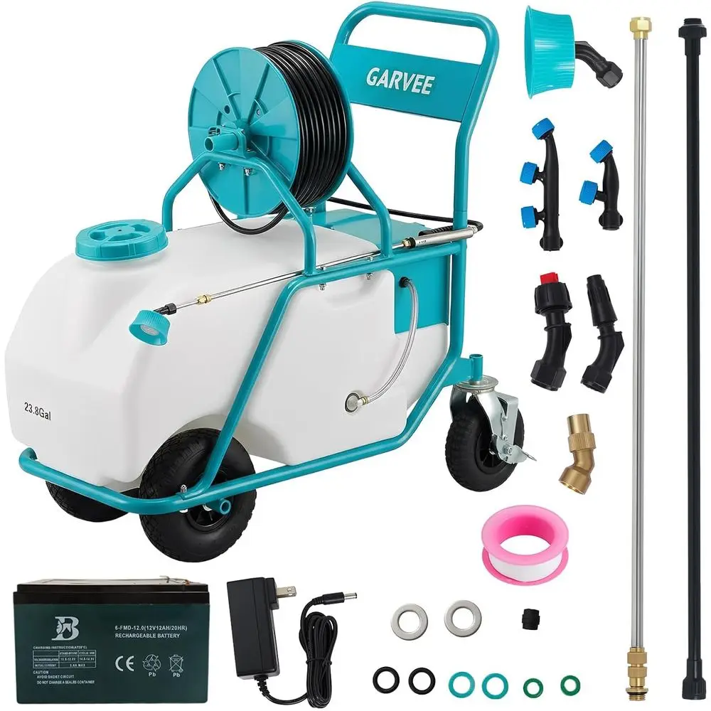 24 Gallons Battery Powered Sprayer with Wheeled Cart, 12V 12Ah Electric Sprayer with 6 Nozzles amp 2 Wands, 56 Hour Runtime, 90
24 Gallons Battery Powered Sprayer with Wheeled Cart, 12V 12Ah Electric Sprayer with 6 Nozzles amp 2 Wands, 56 Hour Runtime, 90