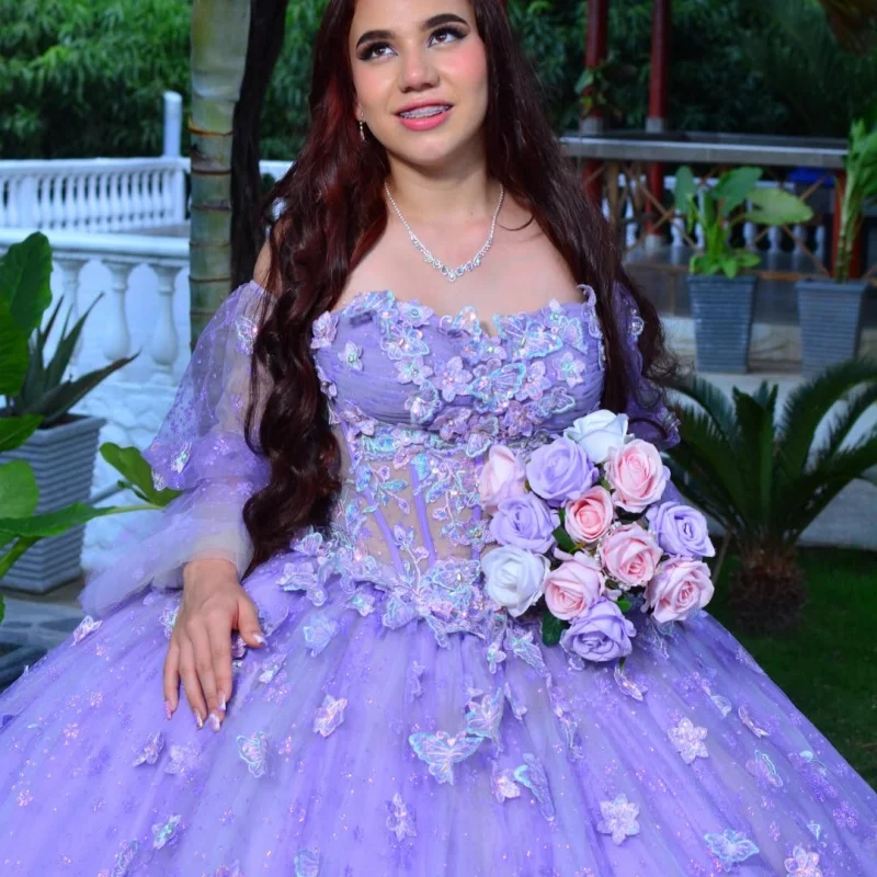 Shiny Lavender Quinceanera Dress off-shoulder Sequins Crystal Butterfly Decal Long tail vestidos de 15 Quinceanera Customize
Shiny Lavender Quinceanera Dress off-shoulder Sequins Crystal Butterfly Decal Long tail vestidos de 15 Quinceanera Customize