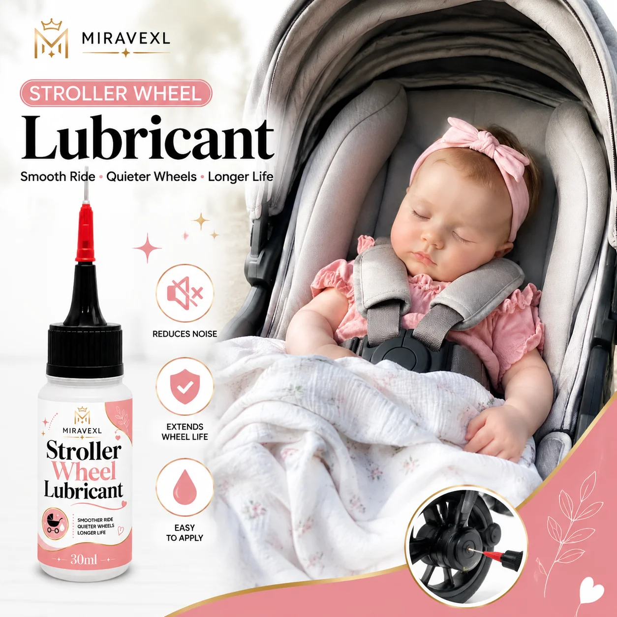 MIRAVEXL Stroller Wheel Lubricant 30ml for Smooth Quiet Ride, Baby & Pet Strollers, ReducesFriction, Extends Wheel Life
MIRAVEXL Stroller Wheel Lubricant 30ml for Smooth Quiet Ride, Baby & Pet Strollers, ReducesFriction, Extends Wheel Life
