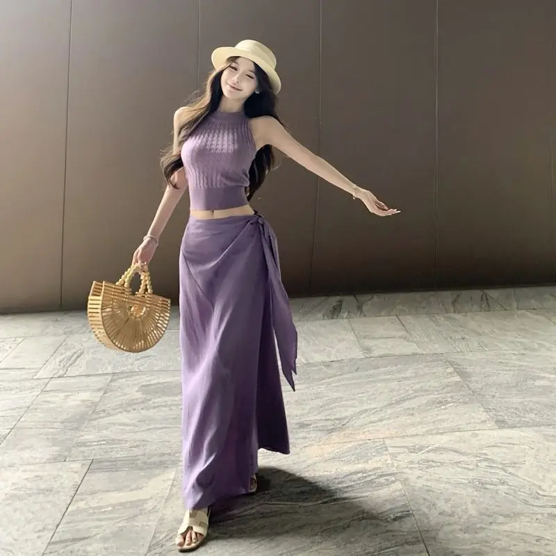 Pure Sexy Suit Women's Summer Purple Knitted Vest High Waist Lace-up A-line Long Skirt Two-piece Set Fashion Female Clothes
Pure Sexy Suit Women's Summer Purple Knitted Vest High Waist Lace-up A-line Long Skirt Two-piece Set Fashion Female Clothes