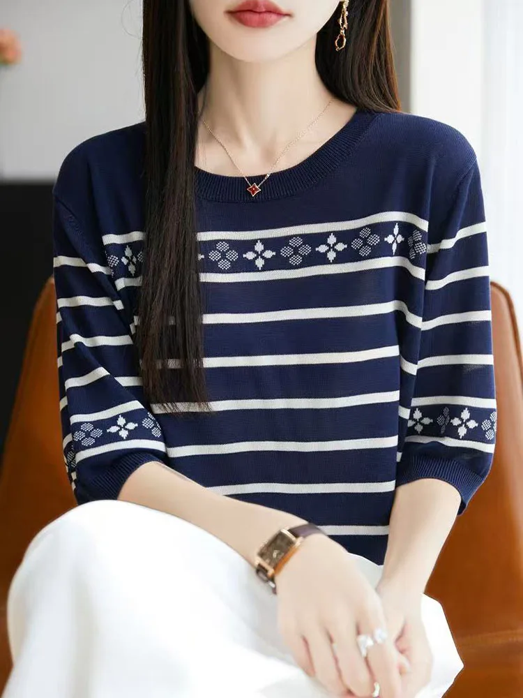 Spring Summer 2026 New Style Women's Fashionable round Neck Stripe Short Sleeve Knitted Sweater Four Leaf Clover Color Block
Spring Summer 2026 New Style Women's Fashionable round Neck Stripe Short Sleeve Knitted Sweater Four Leaf Clover Color Block