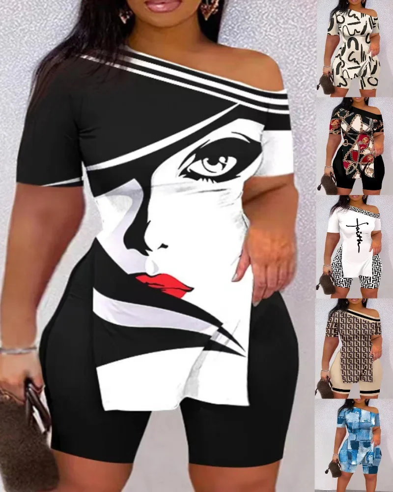 Print Two Piece Shorts Sets Women Skew Collar Short Sleeve Shirts Side Split Tops Pullover Elastic Waist Trousers Summer 2025
Print Two Piece Shorts Sets Women Skew Collar Short Sleeve Shirts Side Split Tops Pullover Elastic Waist Trousers Summer 2025