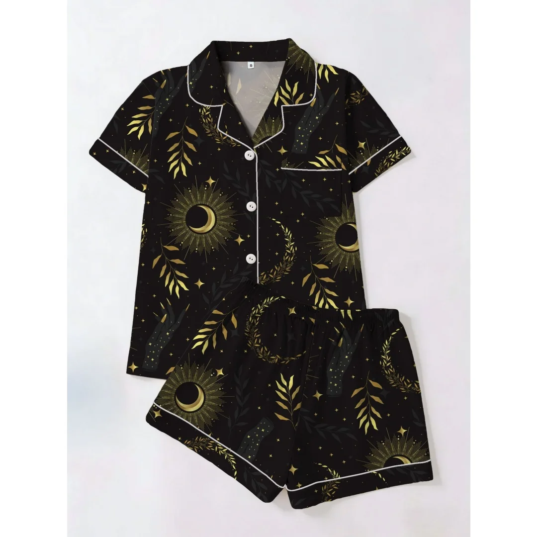 Black Moon Leaves Print Pajamas 2pcs a Set for Women Home Wear Loungewear Lapel Short-sleeved Shirts Short Pants Summer Gifts
Black Moon Leaves Print Pajamas 2pcs a Set for Women Home Wear Loungewear Lapel Short-sleeved Shirts Short Pants Summer Gifts