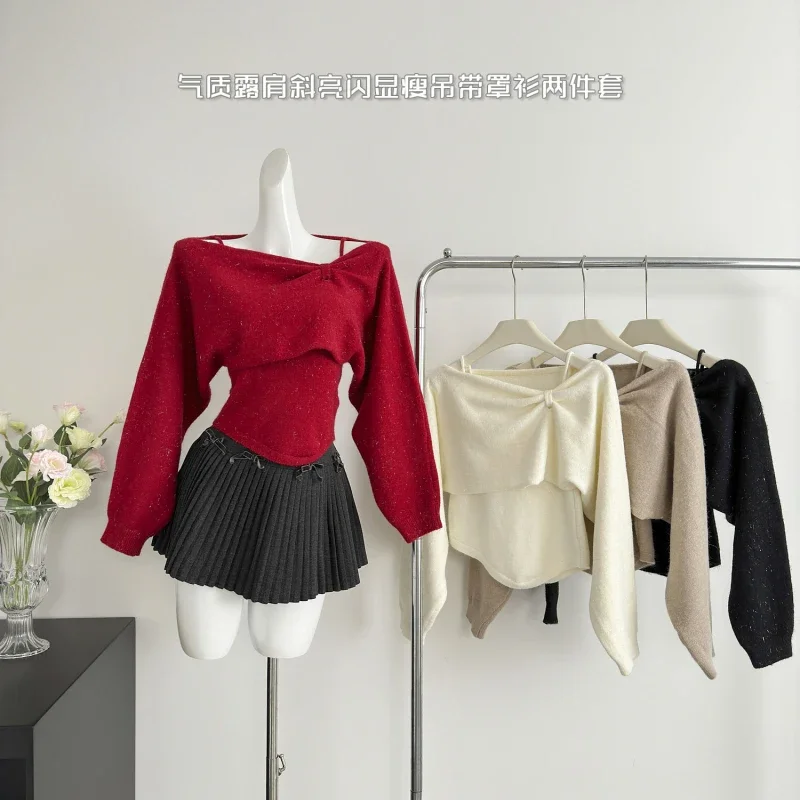 One shoulder long sleeved sweater cover+irregular slim knit camisole vest two-piece set
One shoulder long sleeved sweater cover+irregular slim knit camisole vest two-piece set