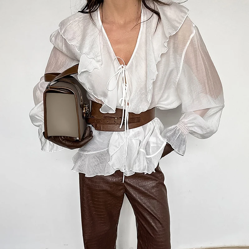 Tornova Lace Up Ruffled See Through Shirt For Women Solid Long Sleeves V-Neck Shirt Lady Loose Elegant 2025 Summer Casual Shirt
Tornova Lace Up Ruffled See Through Shirt For Women Solid Long Sleeves V-Neck Shirt Lady Loose Elegant 2025 Summer Casual Shirt