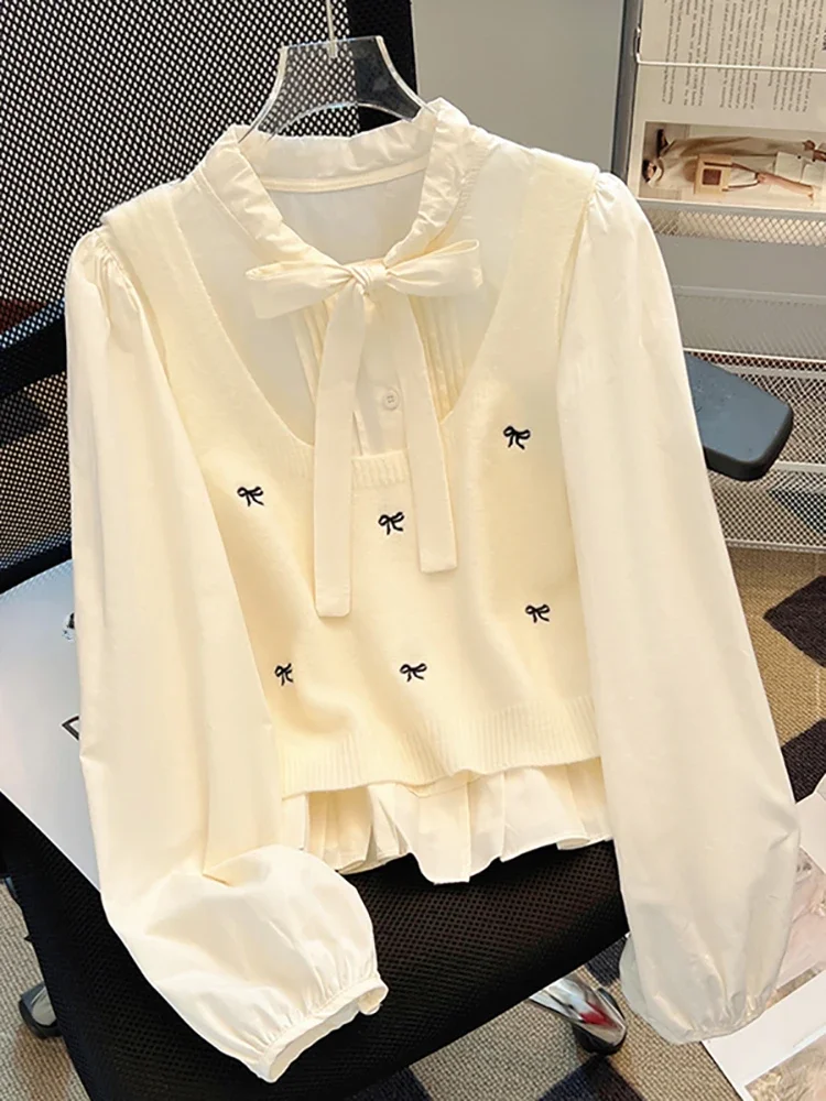 Preppy Style Sweet Two Piece Set Lace Up Folds Long Sleeve Blouses Bow Print Knit Vests Spring Autumn Elegant Women's Clothing
Preppy Style Sweet Two Piece Set Lace Up Folds Long Sleeve Blouses Bow Print Knit Vests Spring Autumn Elegant Women's Clothing
