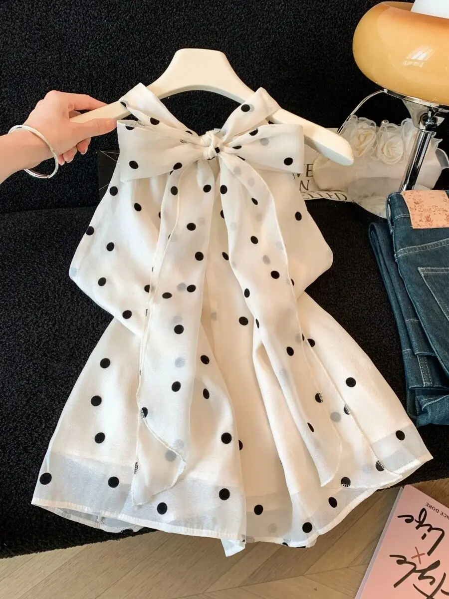 Summer Outfit Women's Sleeveless Chiffon Vest with Bow Knot Neck Design Slimming Effect Luxury Style Polka Dot Shirt for Teens
Summer Outfit Women's Sleeveless Chiffon Vest with Bow Knot Neck Design Slimming Effect Luxury Style Polka Dot Shirt for Teens