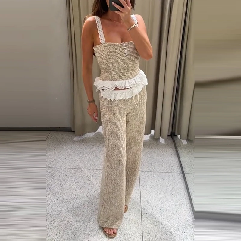 Sexy Lace Patchwork Textured Summer Set Elegant Sleeveless Sling Top & Long Pants Outfit Fashion High Waist Beige Matching Suits
Sexy Lace Patchwork Textured Summer Set Elegant Sleeveless Sling Top & Long Pants Outfit Fashion High Waist Beige Matching Suits