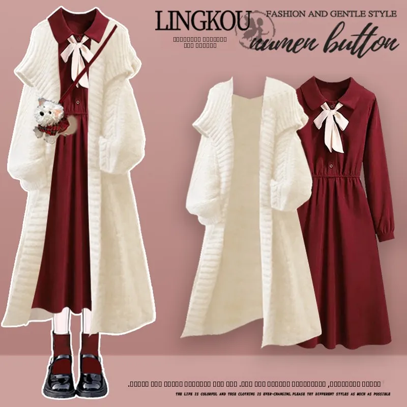 Ele Autumn Winter Two-Piece Set Women's Long Knitted Sweater Cardigan with Red Knot Dr for Casual Ocns
Ele Autumn Winter Two-Piece Set Women's Long Knitted Sweater Cardigan with Red Knot Dr for Casual Ocns