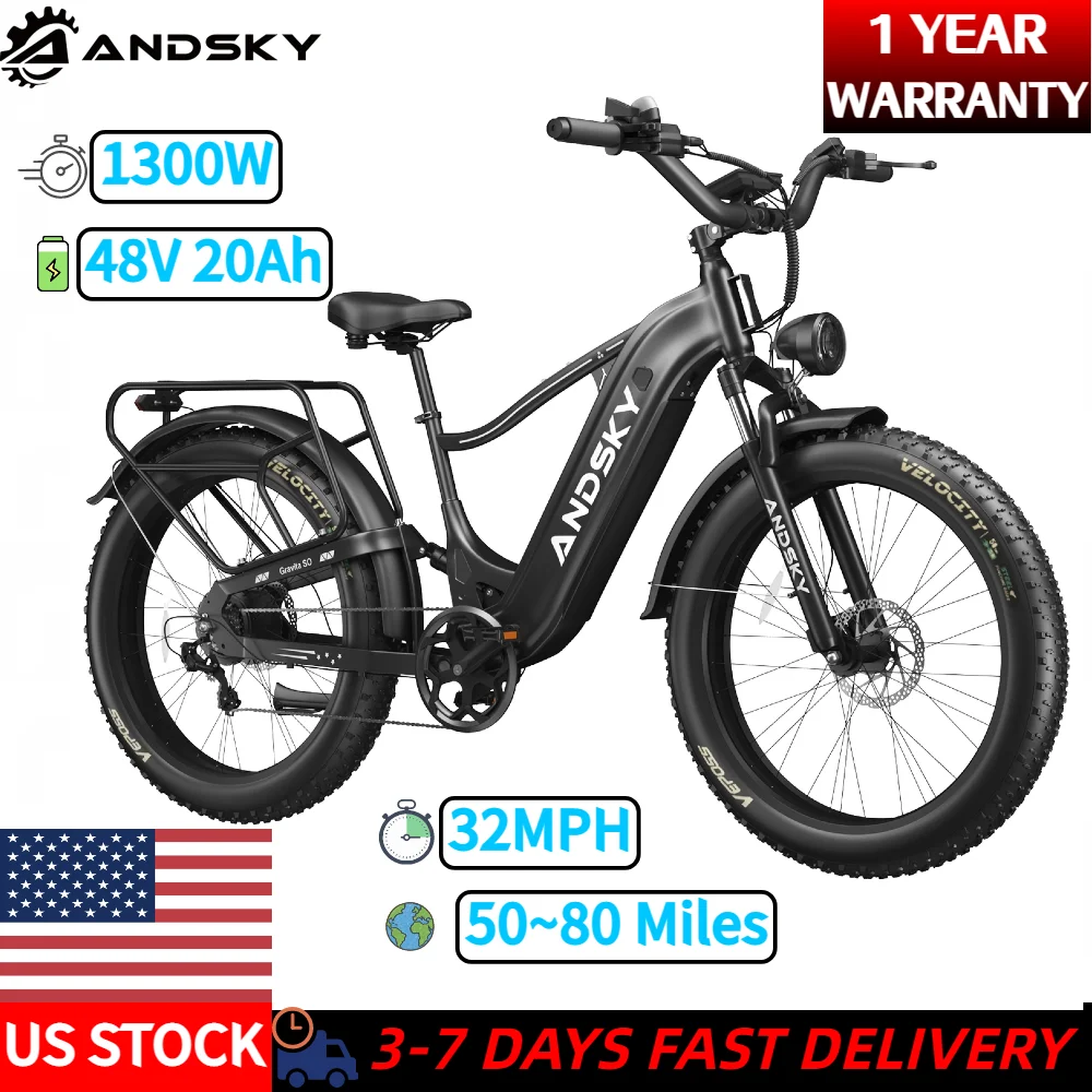 ANDSKY Gravita SO Electric Bike for Adults 48V 20Ah Battery Power 1300W Motor Electric Bicycle with LCD Display 32MPH 26"x4" All-Terrain Fat Tires Hydraulic Brakes 80Miles Long Range City E-bike
ANDSKY Gravita SO Electric Bike for Adults 48V 20Ah Battery Power 1300W Motor Electric Bicycle with LCD Display 32MPH 26"x4" All-Terrain Fat Tires Hydraulic Brakes 80Miles Long Range City E-bike