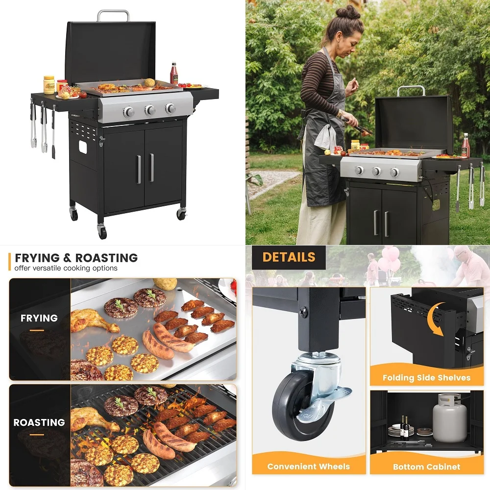 28 in Flat Top Griddle Grill with PorcelainEnameled Grates and Stainless Steel Frying Pan, 3burner Propane Gas Griddle Grill, 3
28 in Flat Top Griddle Grill with PorcelainEnameled Grates and Stainless Steel Frying Pan, 3burner Propane Gas Griddle Grill, 3