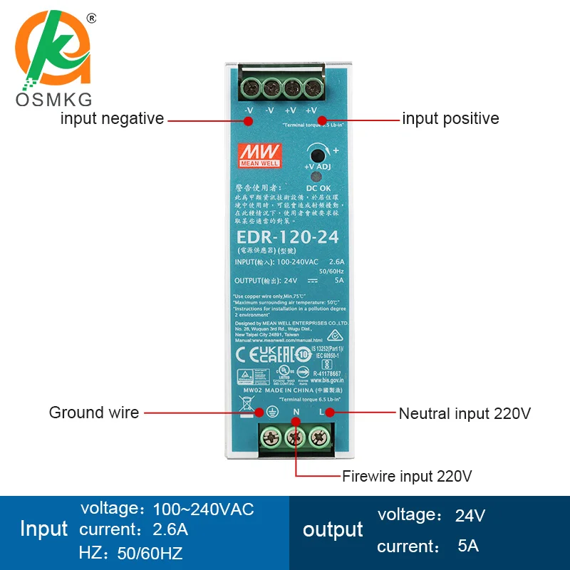 EDR Series 120W 24V Din Rail Switching Power Supply for PLC
EDR Series 120W 24V Din Rail Switching Power Supply for PLC