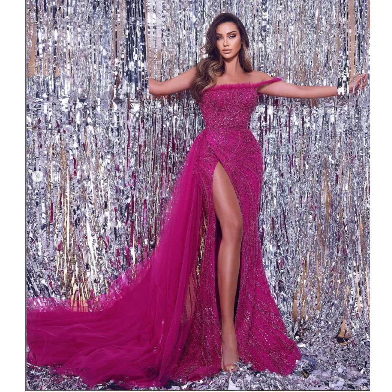 New Arrival Women's Dress Sequin Beaded Embroidery Sexy Off-Shoulder High Slit Rose Red Train Gown Haute Couture Red Carpet Even
New Arrival Women's Dress Sequin Beaded Embroidery Sexy Off-Shoulder High Slit Rose Red Train Gown Haute Couture Red Carpet Even